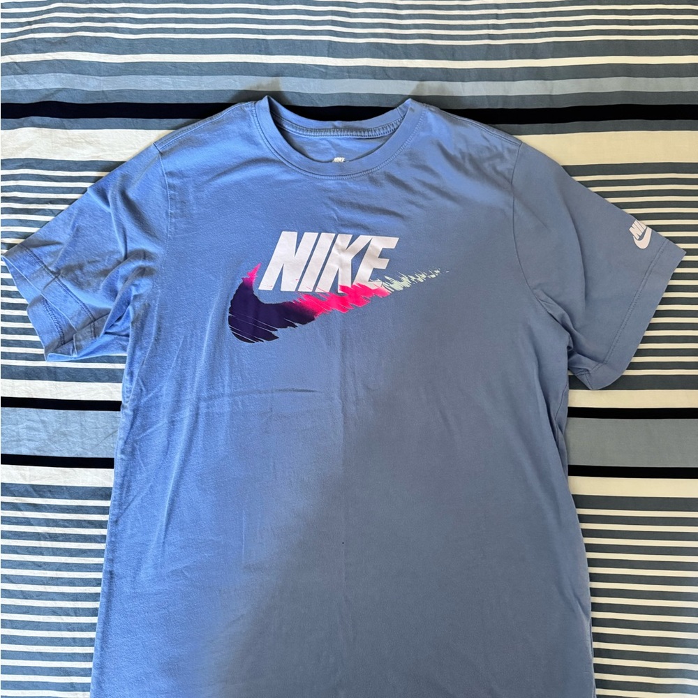 Nike Light Blue Men's Tee with Multicolor Logo